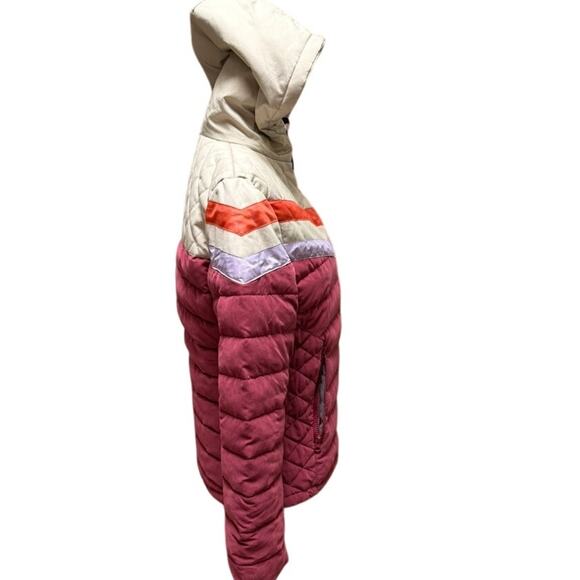 YO COLORADO Hooded Puffer Jacket Colorblock Retro Stripe Maroon Beige S/M - Picture 3 of 11